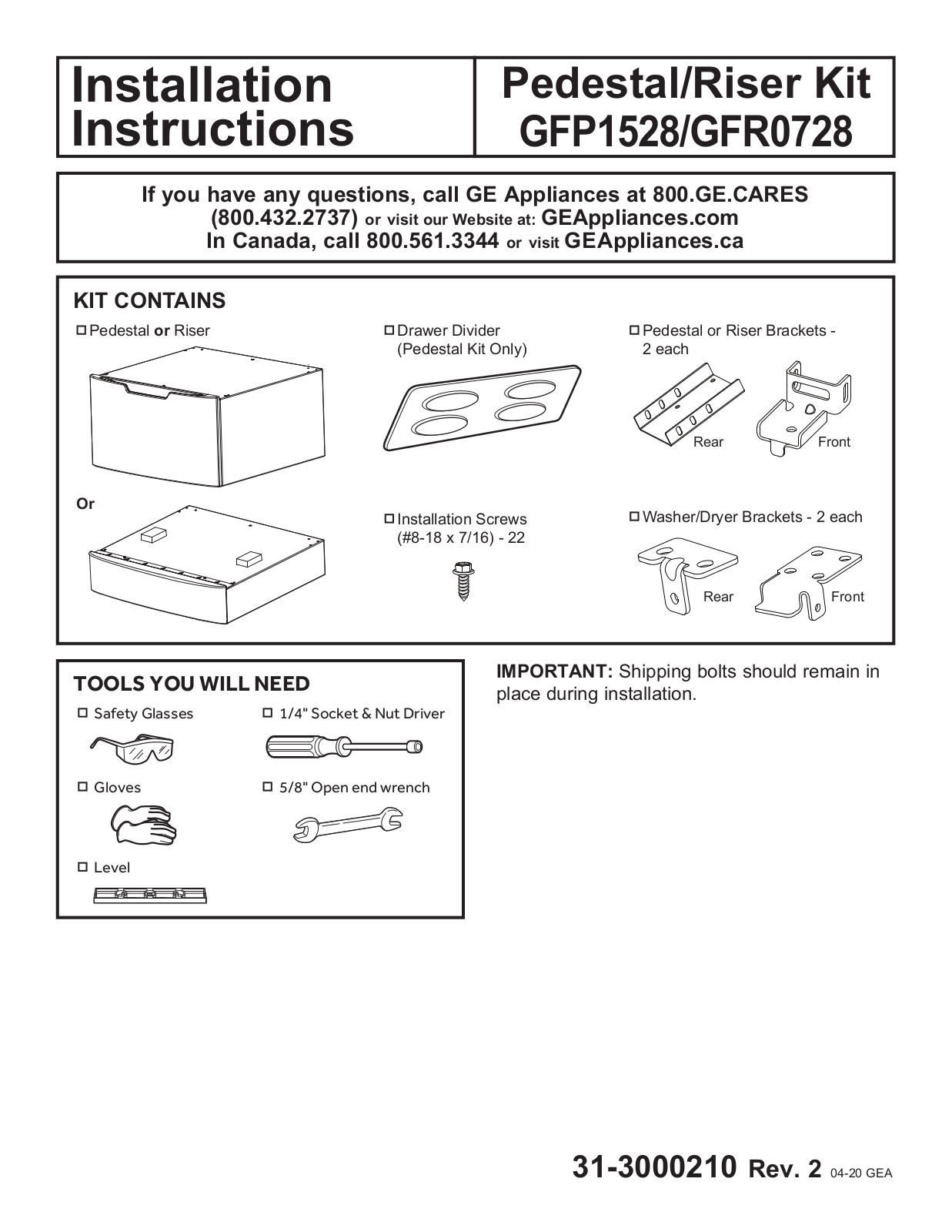 GE GFR0728SNWW Installation Instructions