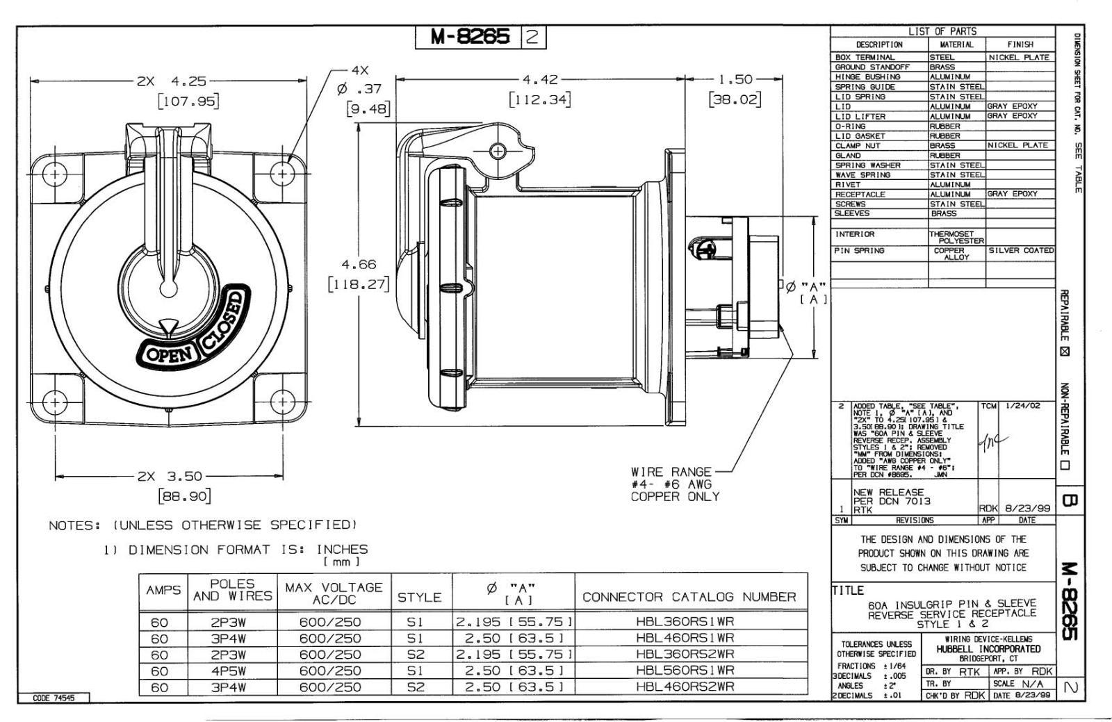 Hubbell HBL360RS1WR Reference Drawing