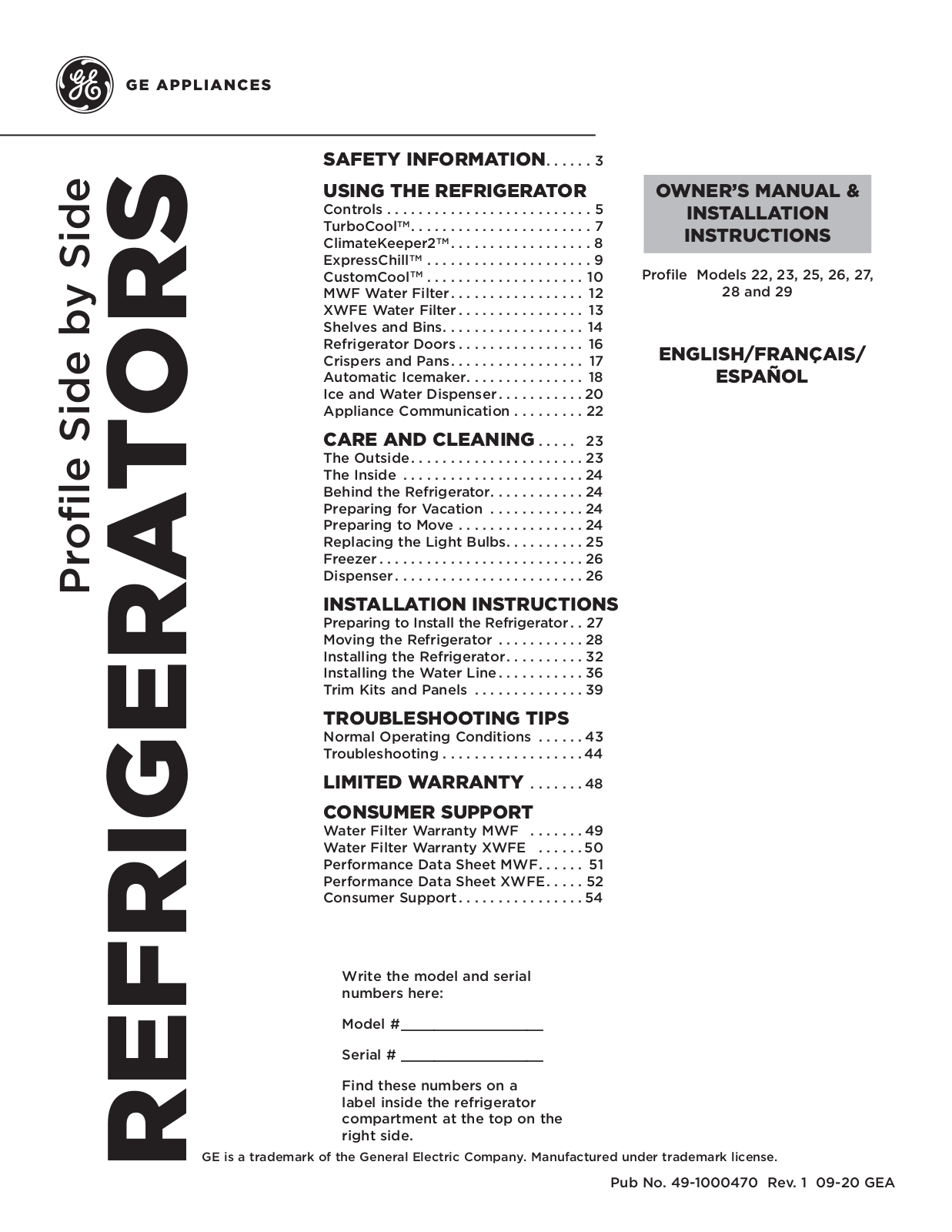 GE PSE25KYHFS, PZS22MYKFS Owner's Manual & Installation Instructions