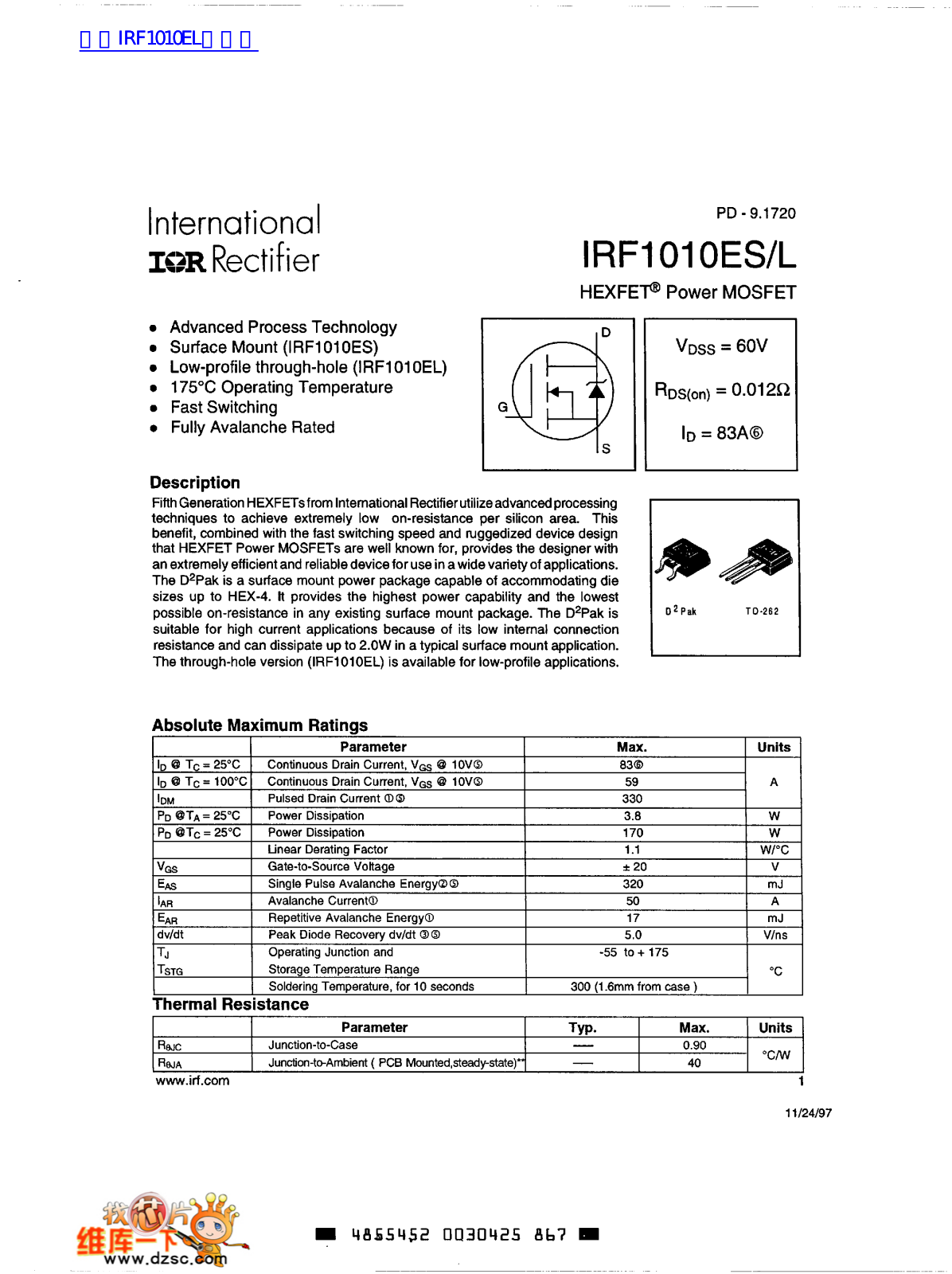 IOR IRF1010ES-L User Manual