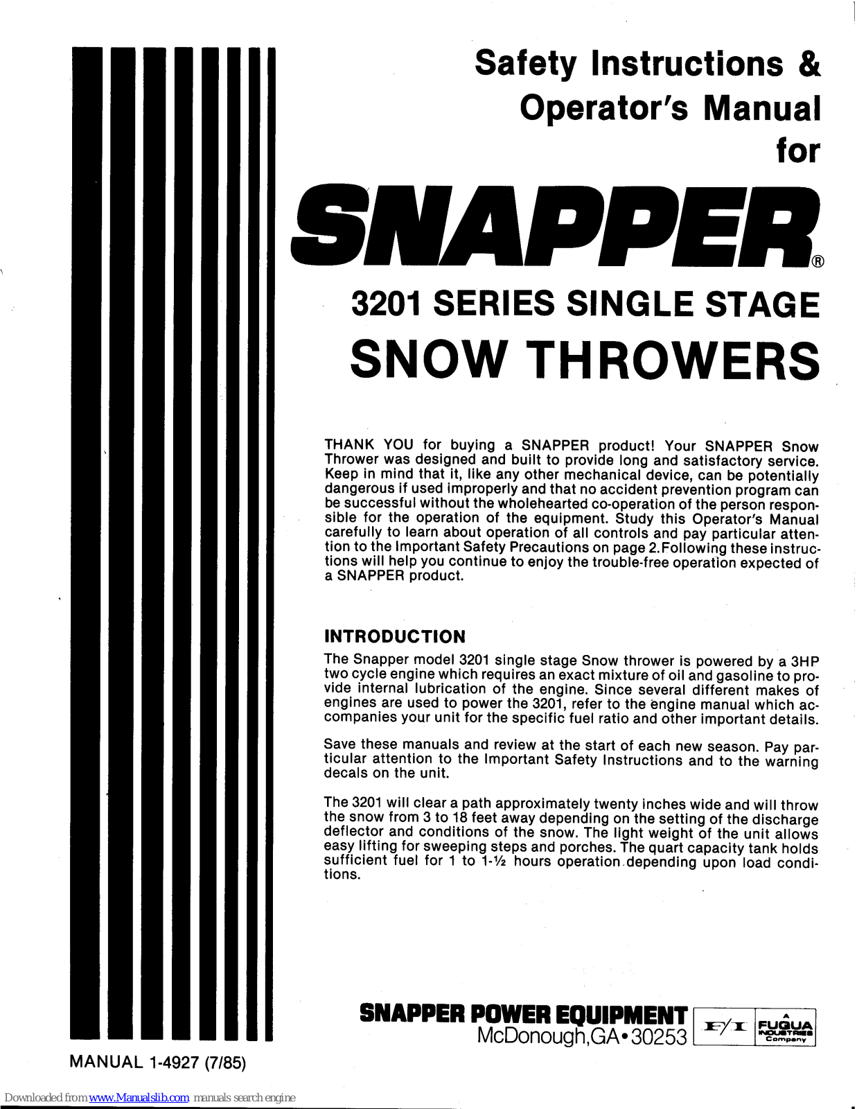 Snapper 3201 Series Safety Instructions & Operator's Manual