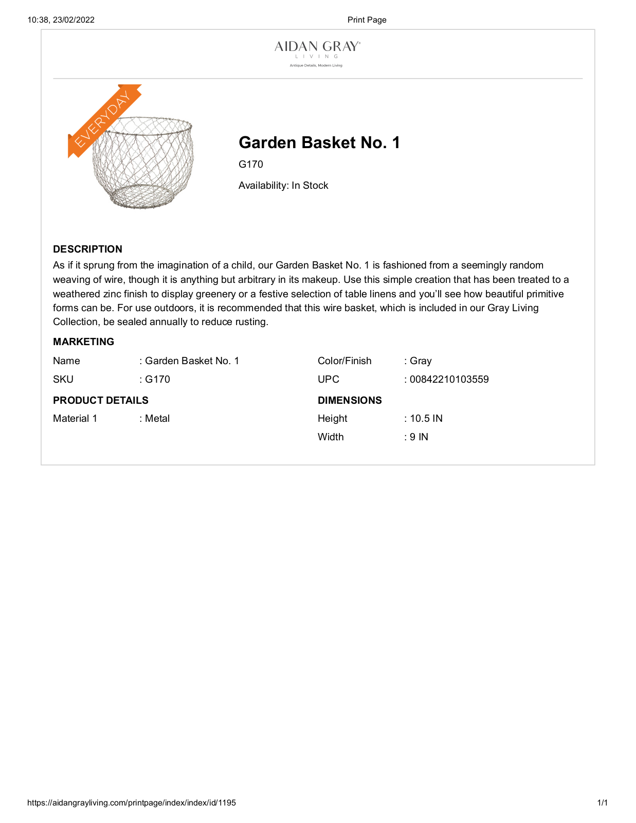 Aidan Gray PRLF1539 Specifications - ManualMachine.com