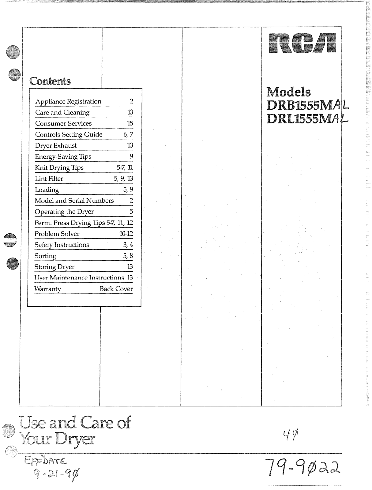 GE DRL1555M, DRB1555M Use and Care Manual