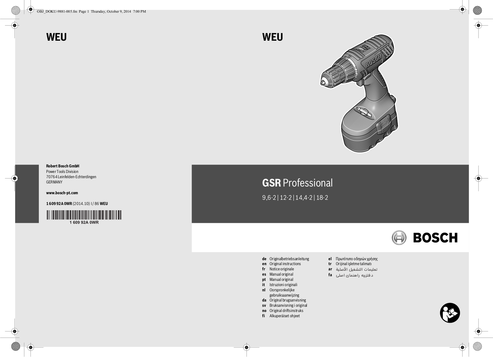 Bosch GSR Professional 9.6-2, GSR Professional 12-2, GSR Professional 14.4-2, GSR Professional 18-2 Original Instructions Manual