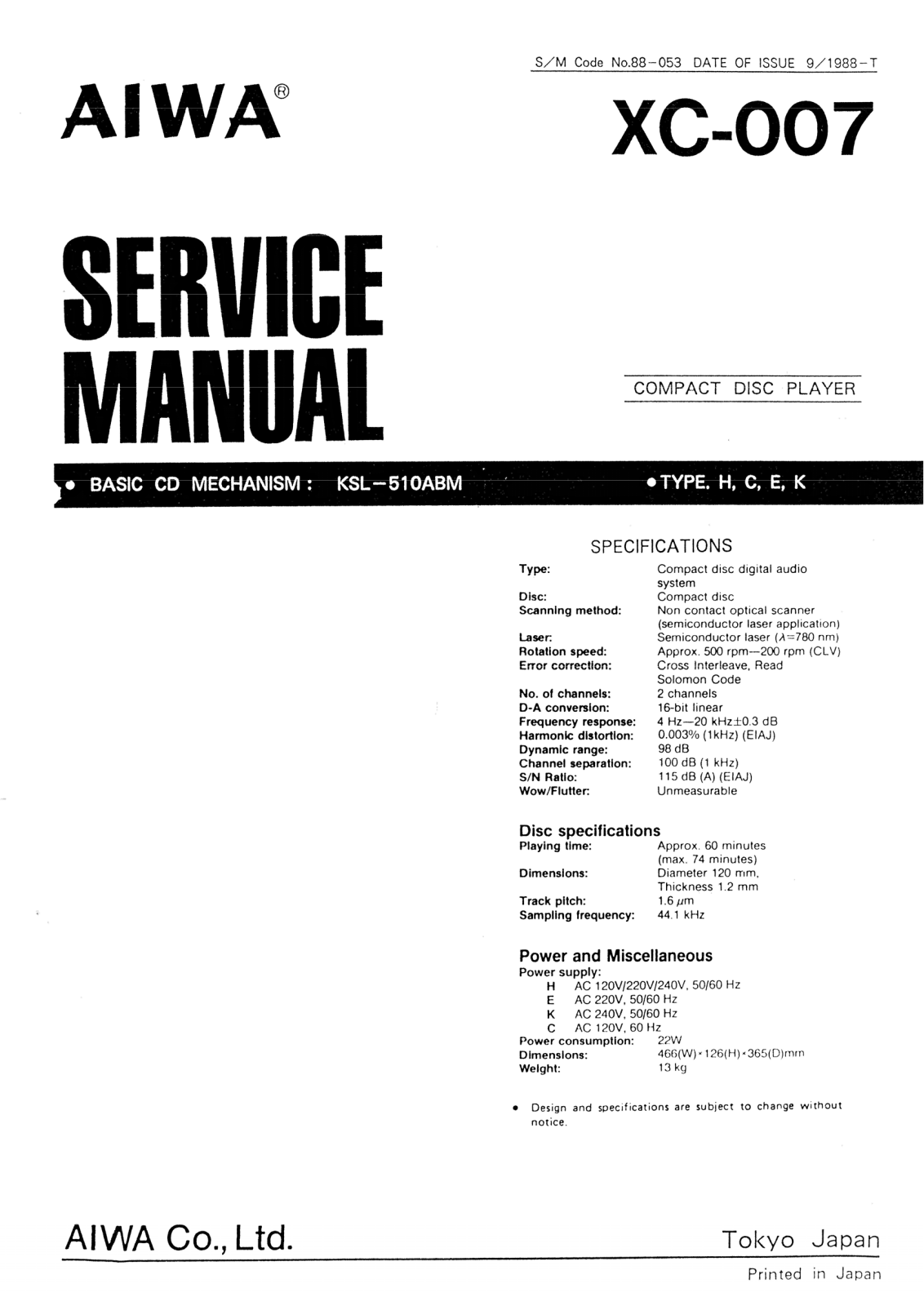 Aiwa XC-007 Service Manual