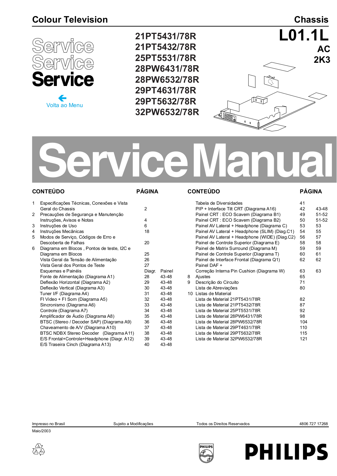 PHILIPS 21PT5431-78R, 21PT5432-78R, 25PT5531-78R, 28PW6431-78R, 28PW6532-78R Service Manual