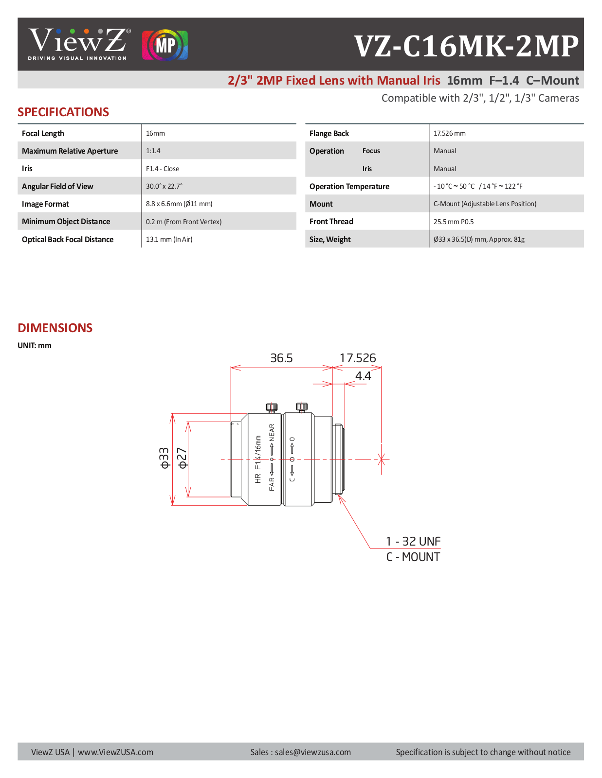 ViewZ VZ-C16MK-2MP Specsheet