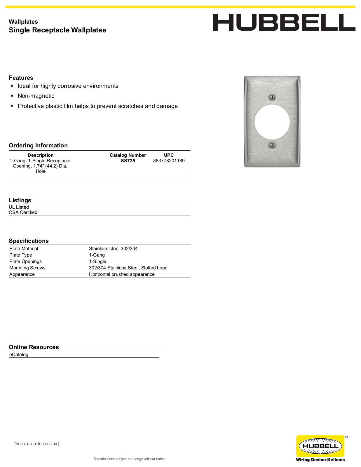 Hubbell SS725 Specifications