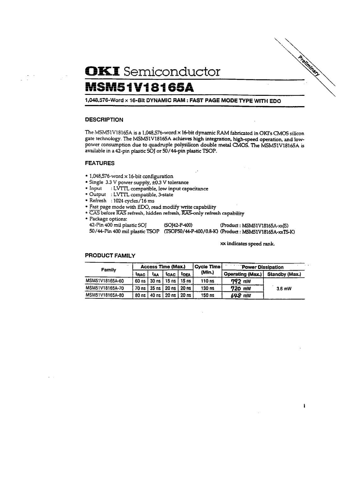 OKI MSM51V18165A-70JS, MSM51V18165A-70TS-K, MSM51V18165A-80JS, MSM51V18165A-80TS-K, MSM51V18165A-60JS Datasheet