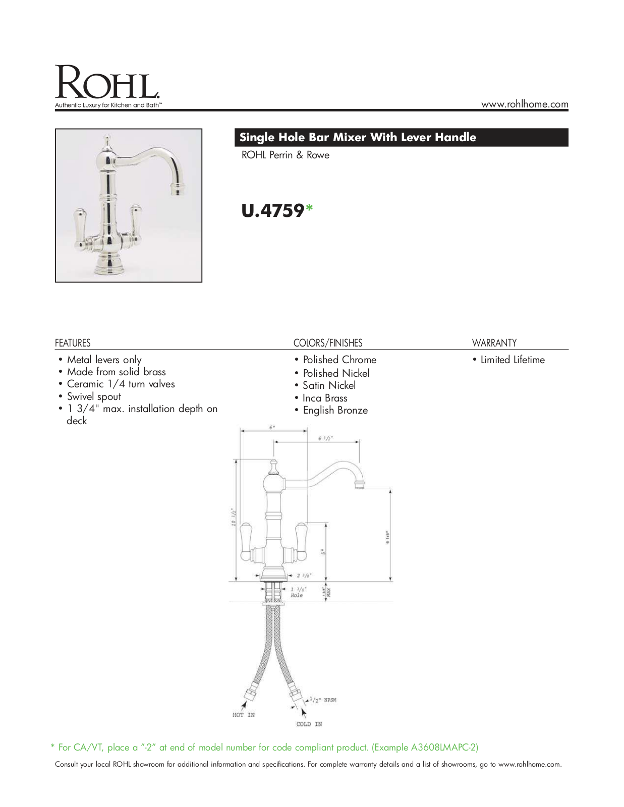 Rohl U4759SEG2 Specifications