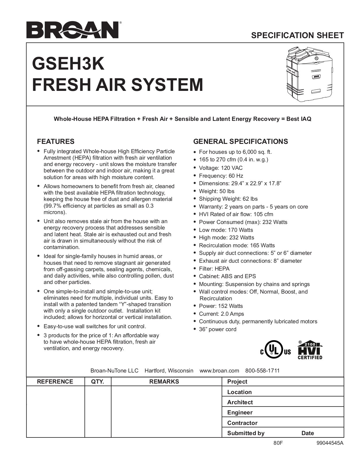 Broan Gseh3k Specification Data