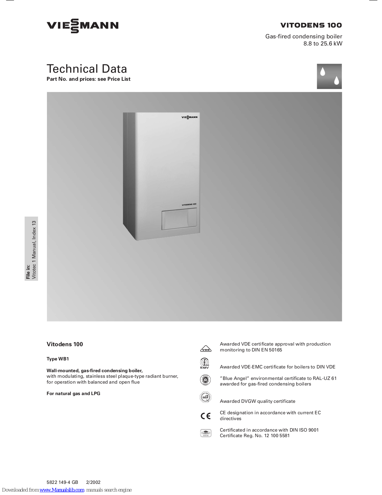 Viessmann Vitodens 100 WB1, Vitodens 100, WB1 Technical Data Manual