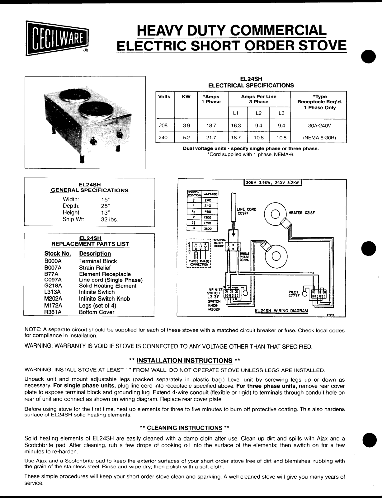 Cecilware EL24SH Installation  Manual