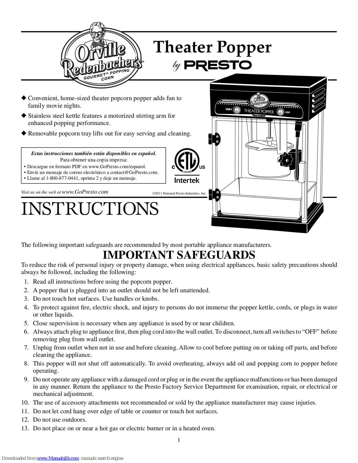 Presto Theater Popper Instructions Manual