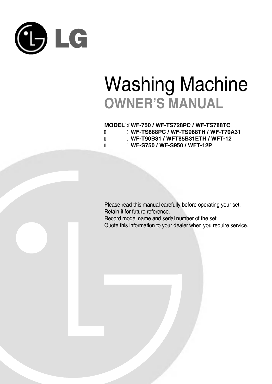 LG WFT85B31EFT Owner's Manual