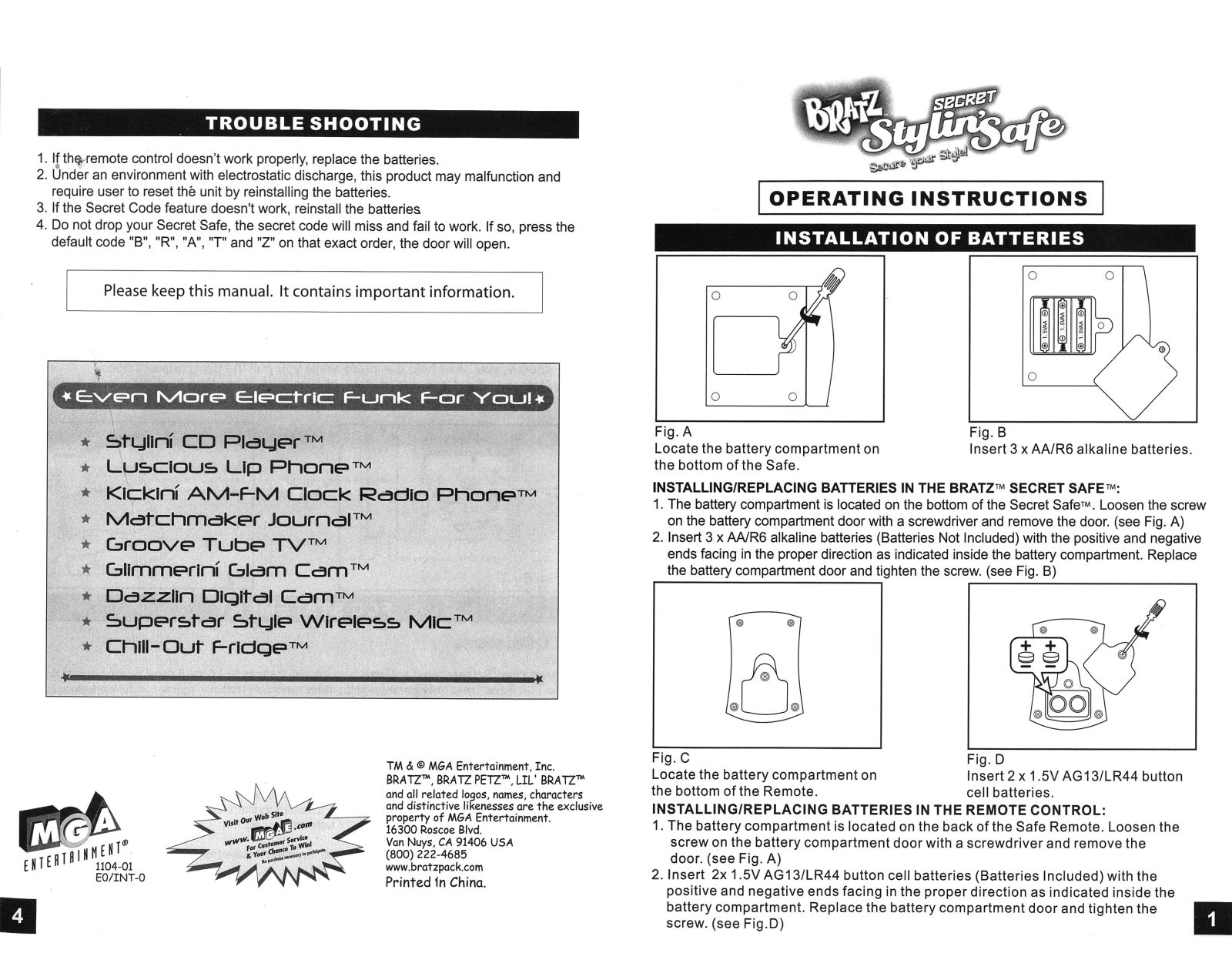 Mga Entertainment BRATZ STYLIN SAFE REMOTE 1 4 User Manual