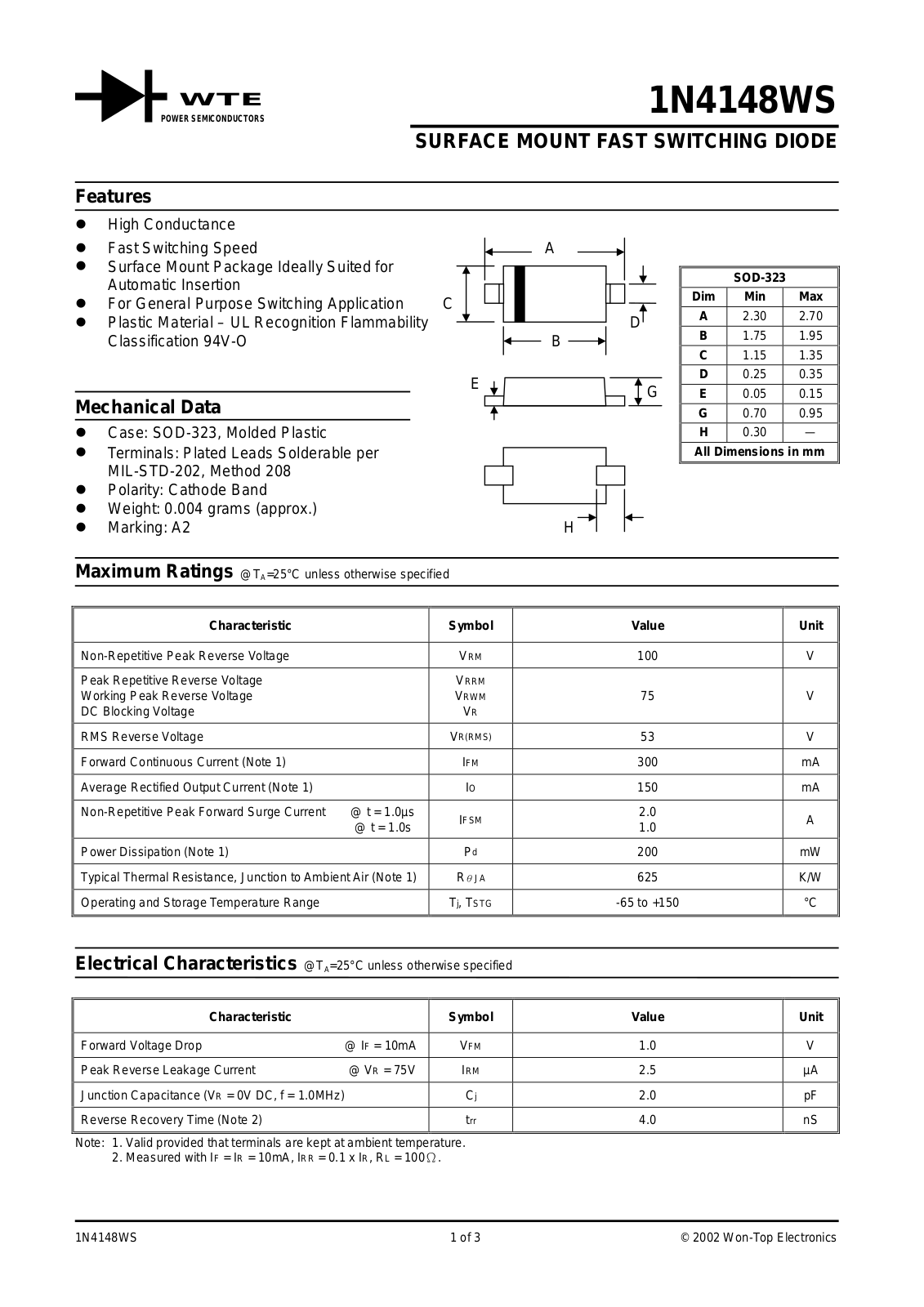 WTE 1N4148WS-T3, 1N4148WS-T1 Datasheet