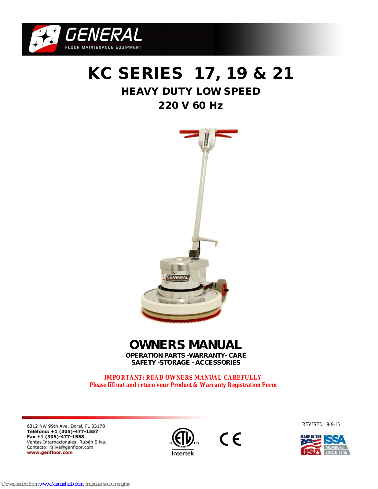 General KC SERIES 17, KC SERIES 19, KC SERIES 21 Owner's Manual