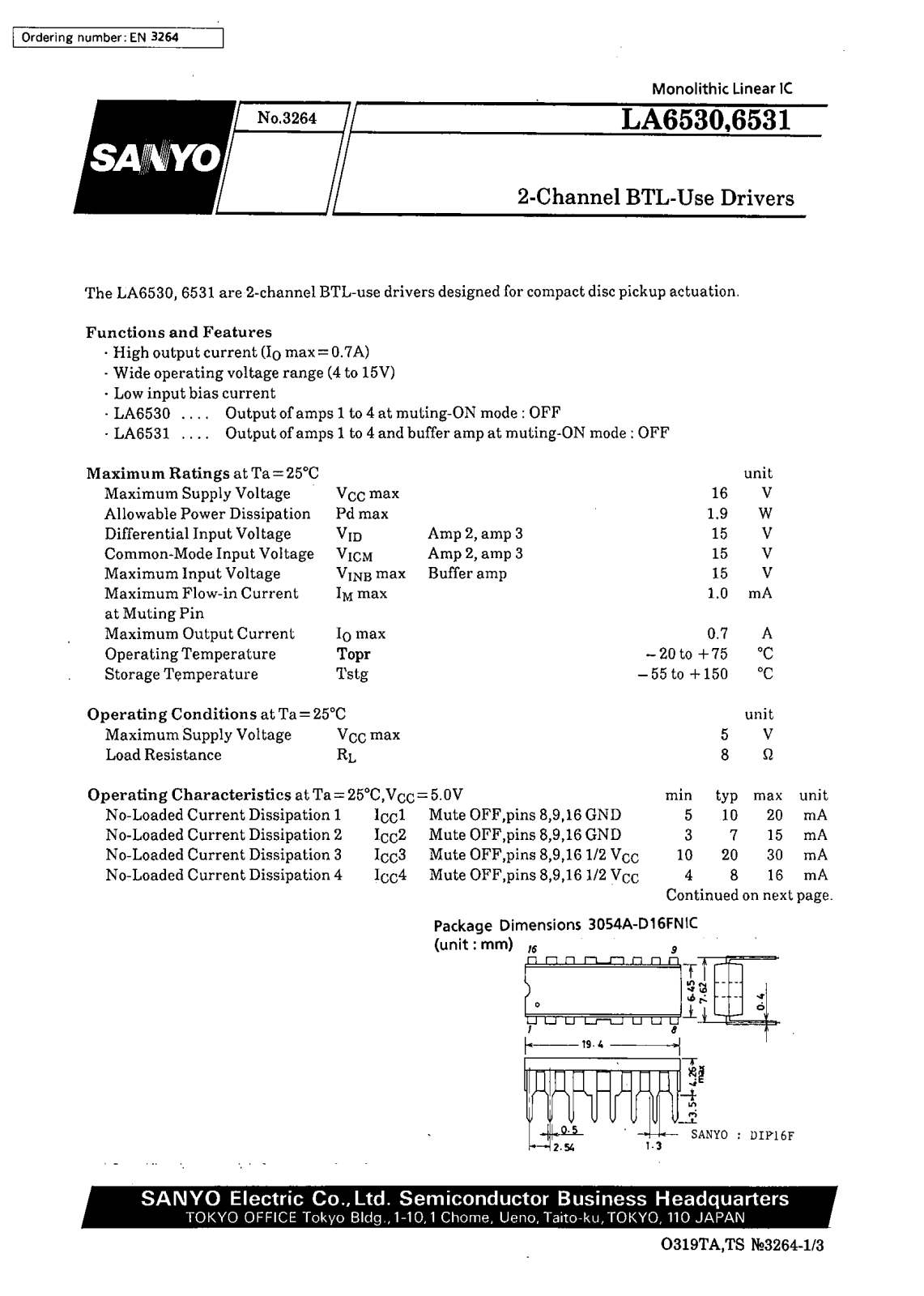 SANYO LA6531, LA6530 Datasheet