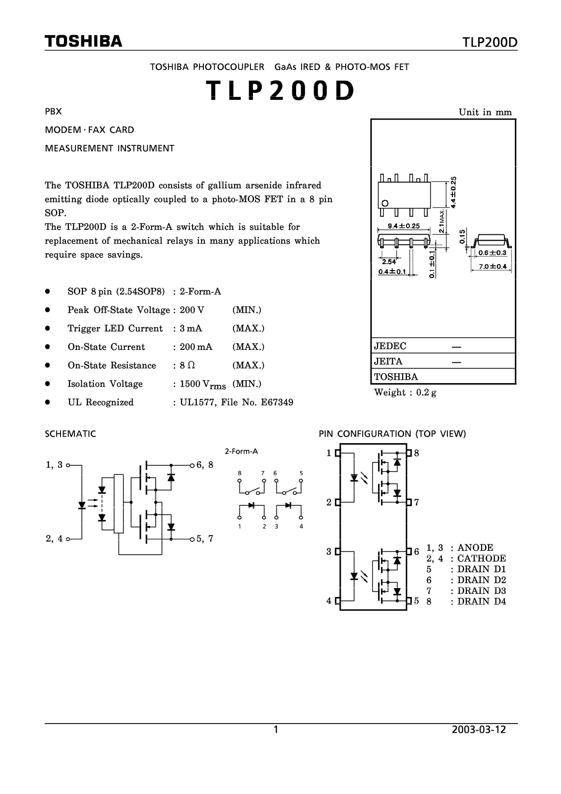 TOSHIBA TLP200D Technical data