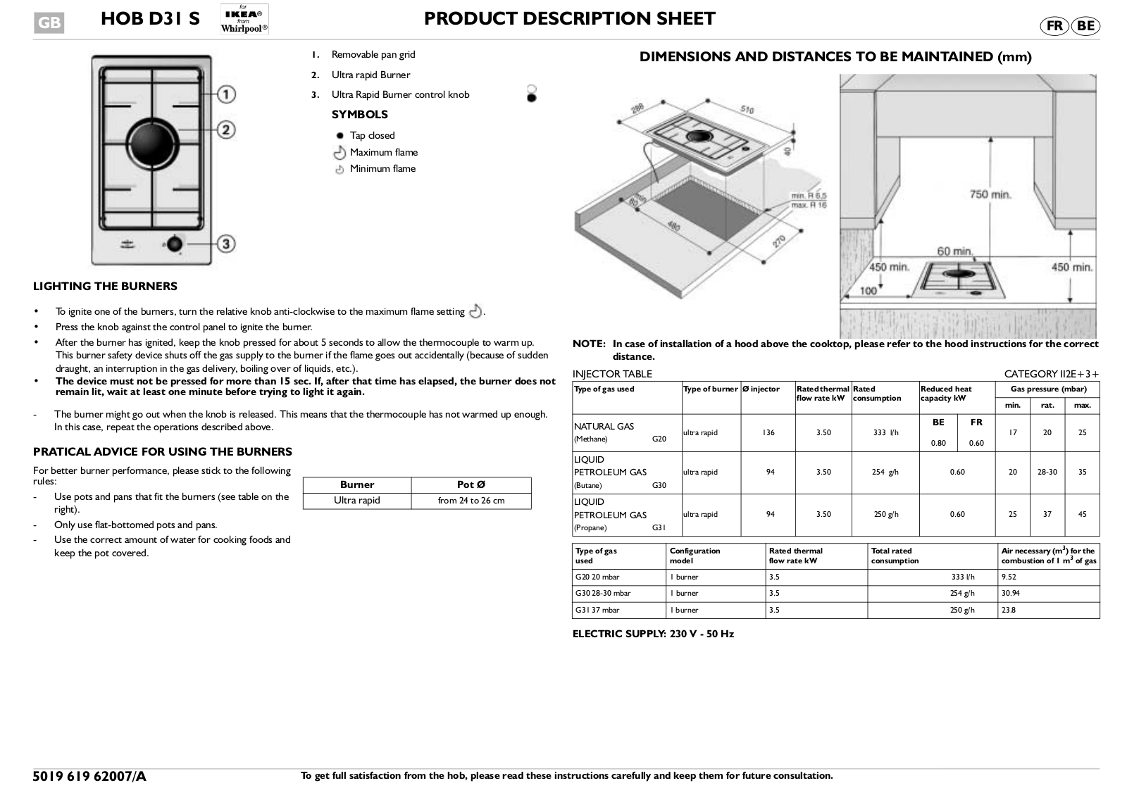 Whirlpool HOB D31 S INSTRUCTION FOR USE