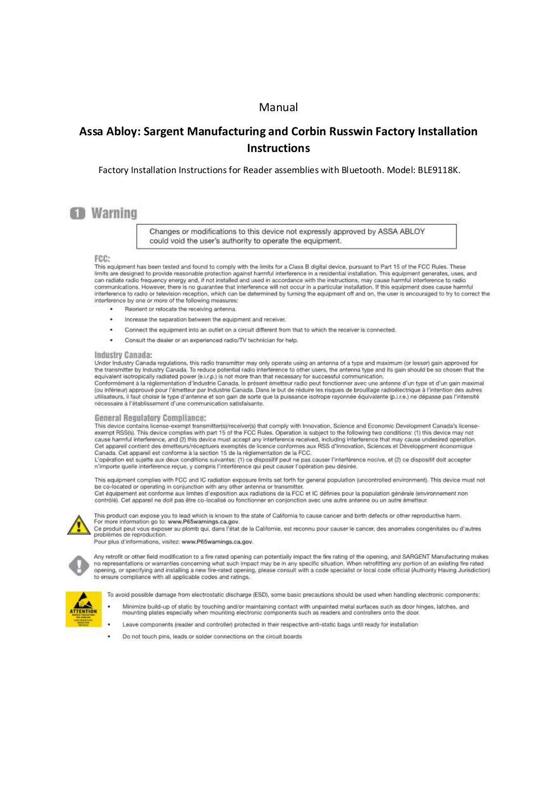 ASSALOY MODBLE9118K User Manual