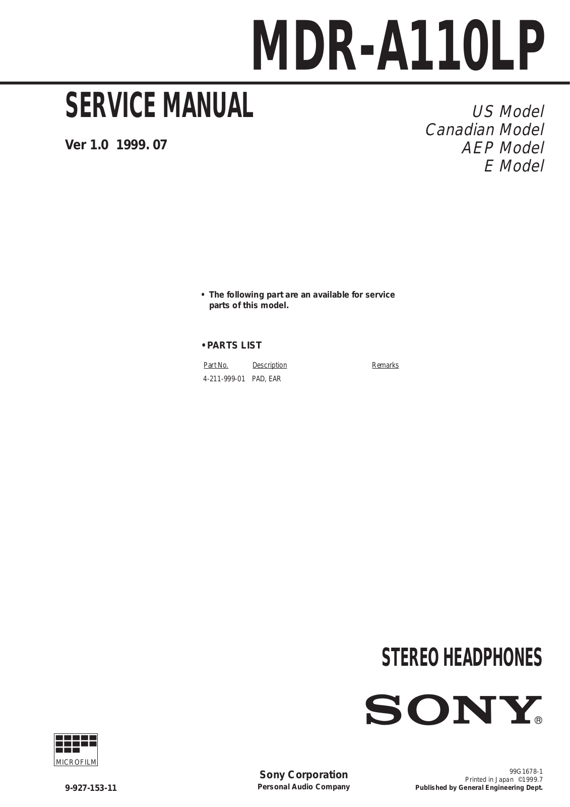 Sony MDR-A110LP Service Manual