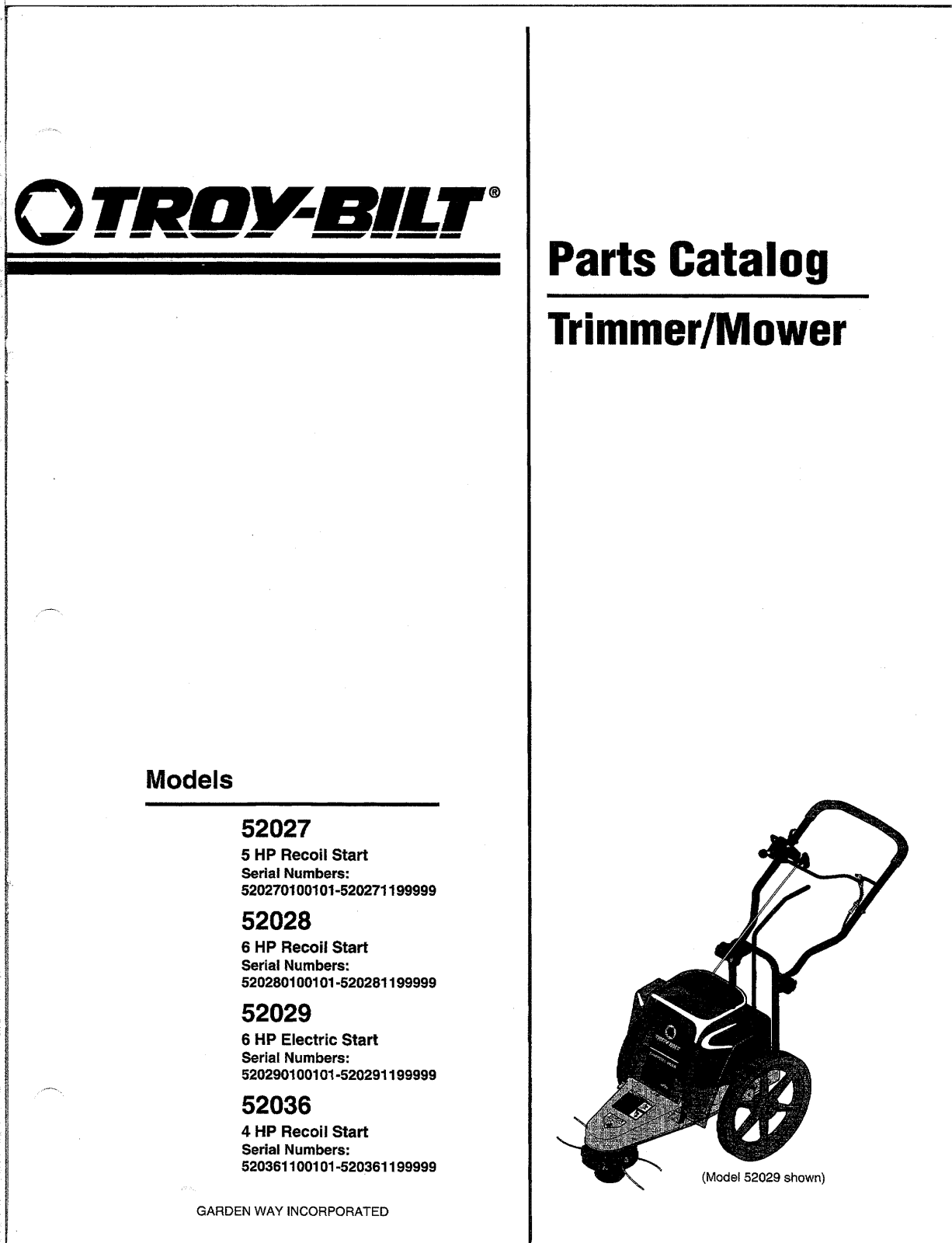 Mtd 52028, 52027 PARTS LIST