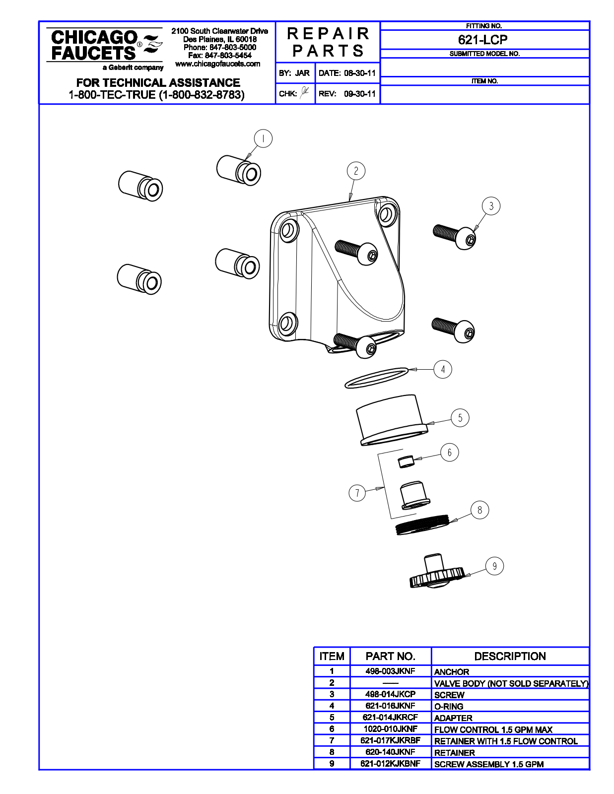 Chicago Faucet 621-LCP Parts List