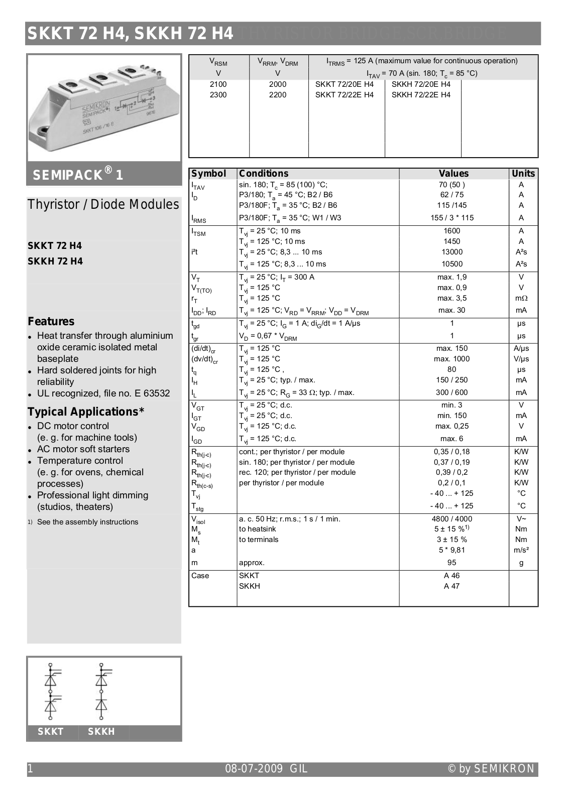 Semikron SKKT 72 H4, SKKH 72 H4 Data Sheet