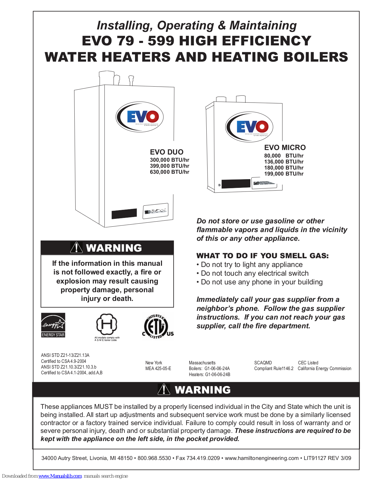 Evo HW 79, HW 199, 1, HW 299, HW 399 Installing, Operating & Maintaining