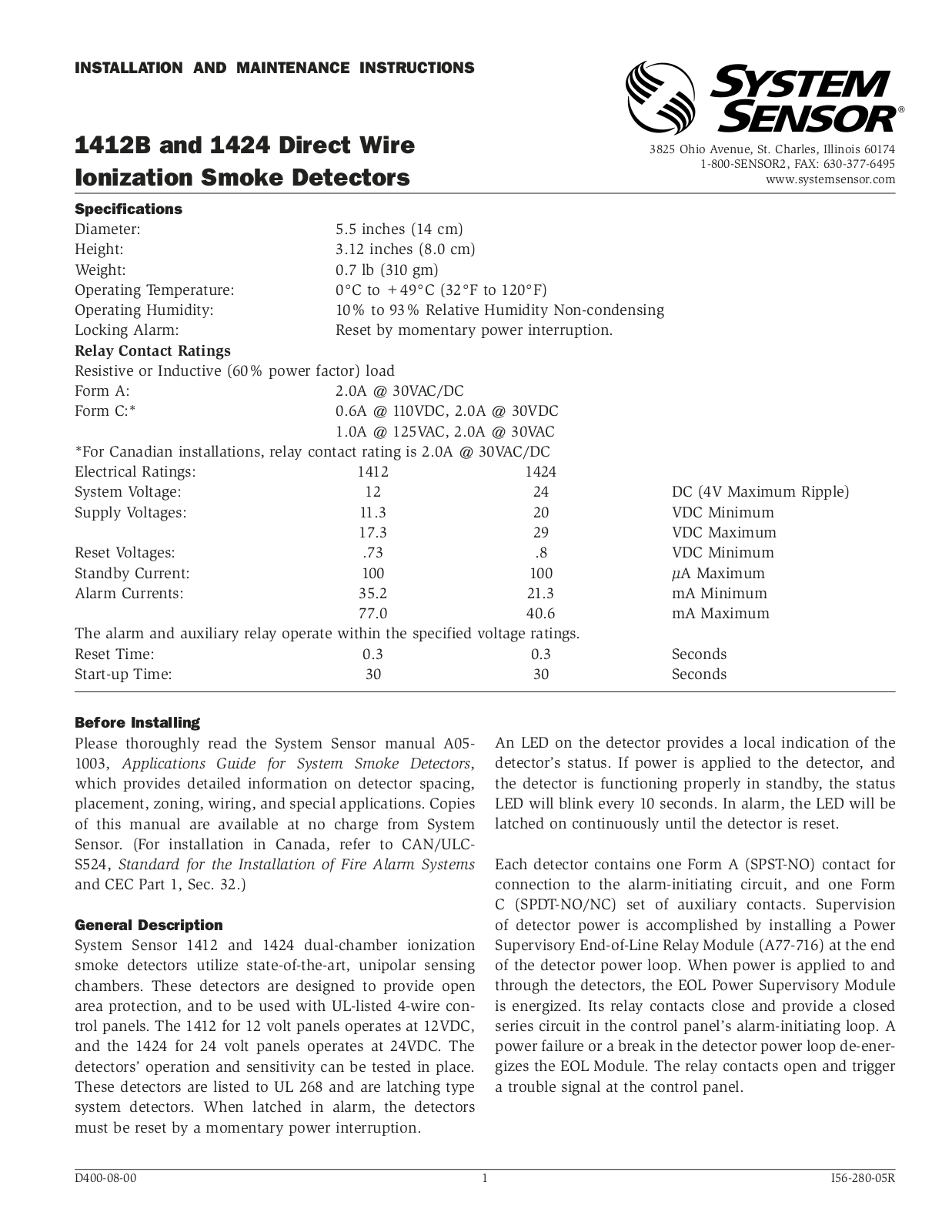 System Sensor 1412B, 1424 User Manual