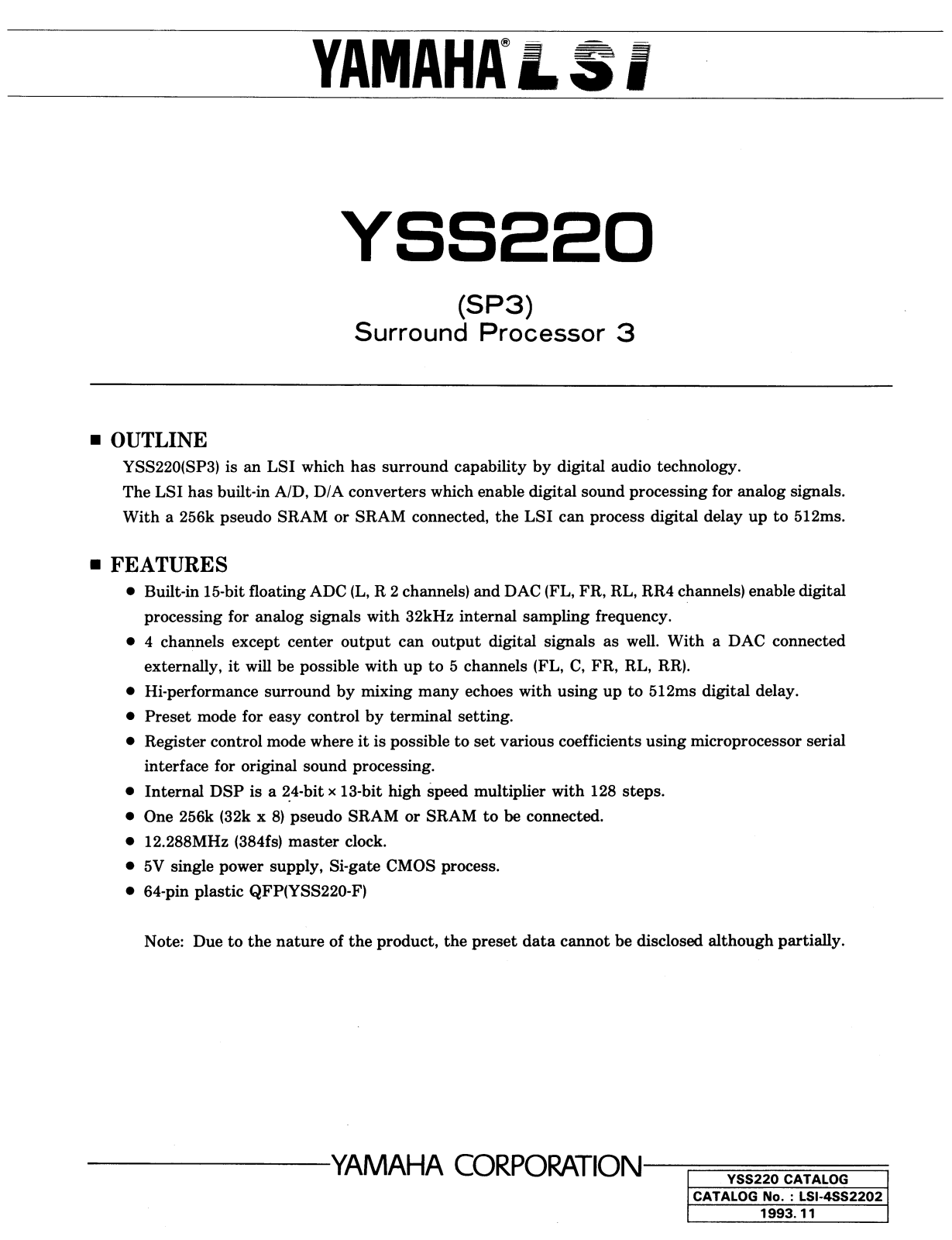 YAMAHA YSS220-F Datasheet