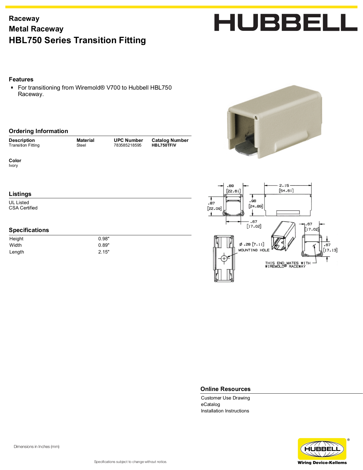 Hubbell HBL750TFIV Specifications