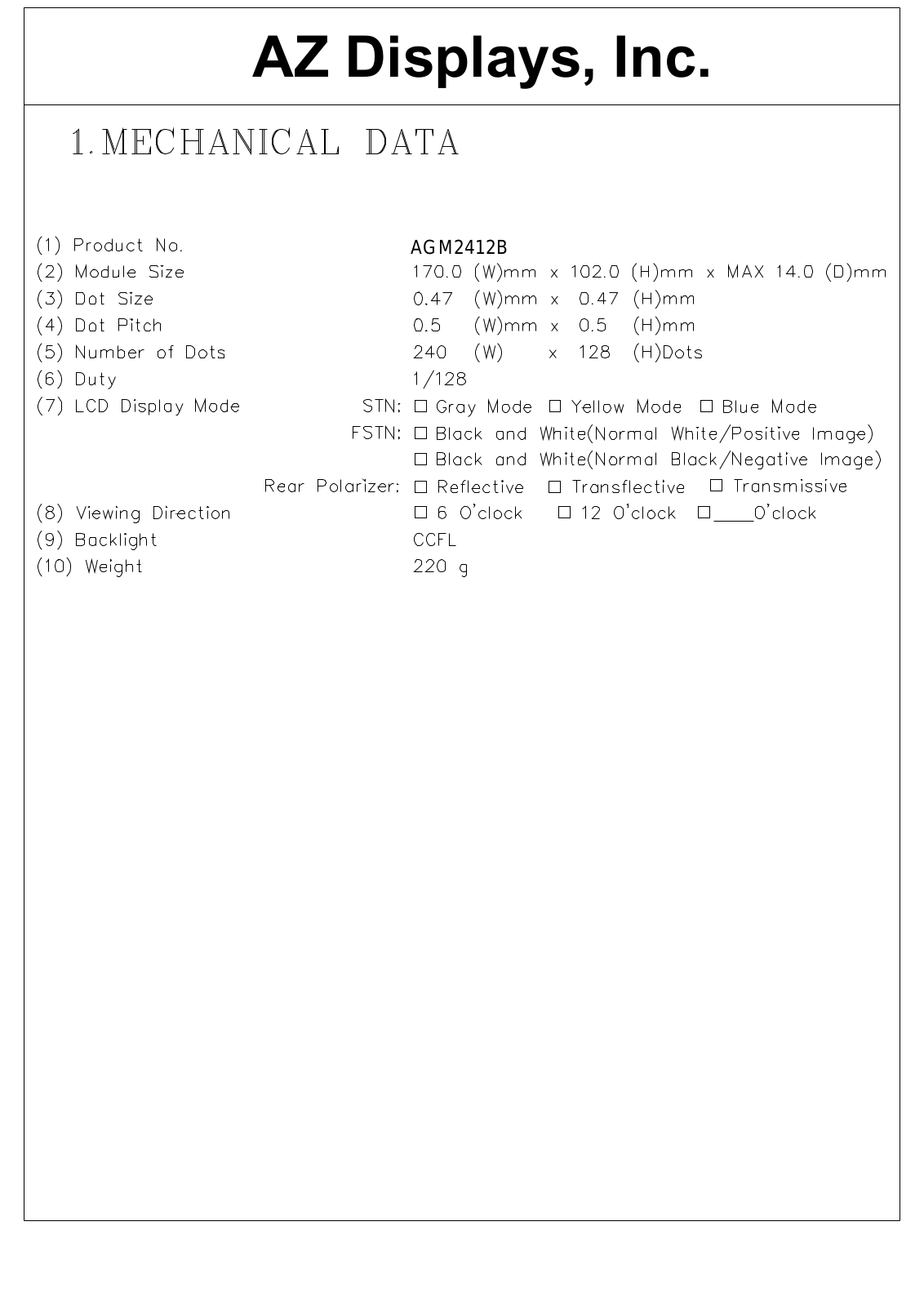 AZDIS AGM2412B-RCYTW-T, AGM2412B-RCYTS-T, AGM2412B-RCYTH-T, AGM2412B-RCYTD-T, AGM2412B-RCYBW-T Datasheet