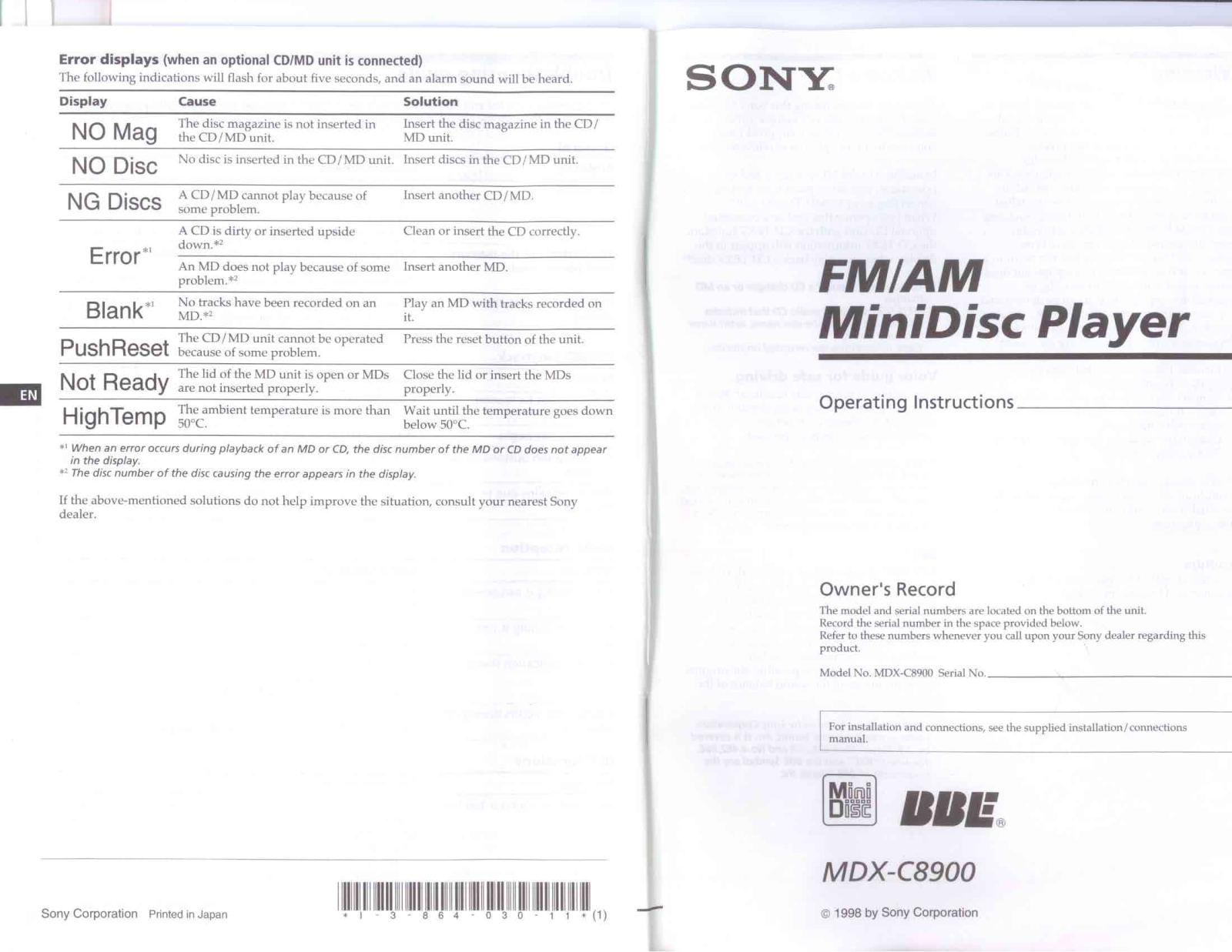 Sony MDX-C8900 User Manual