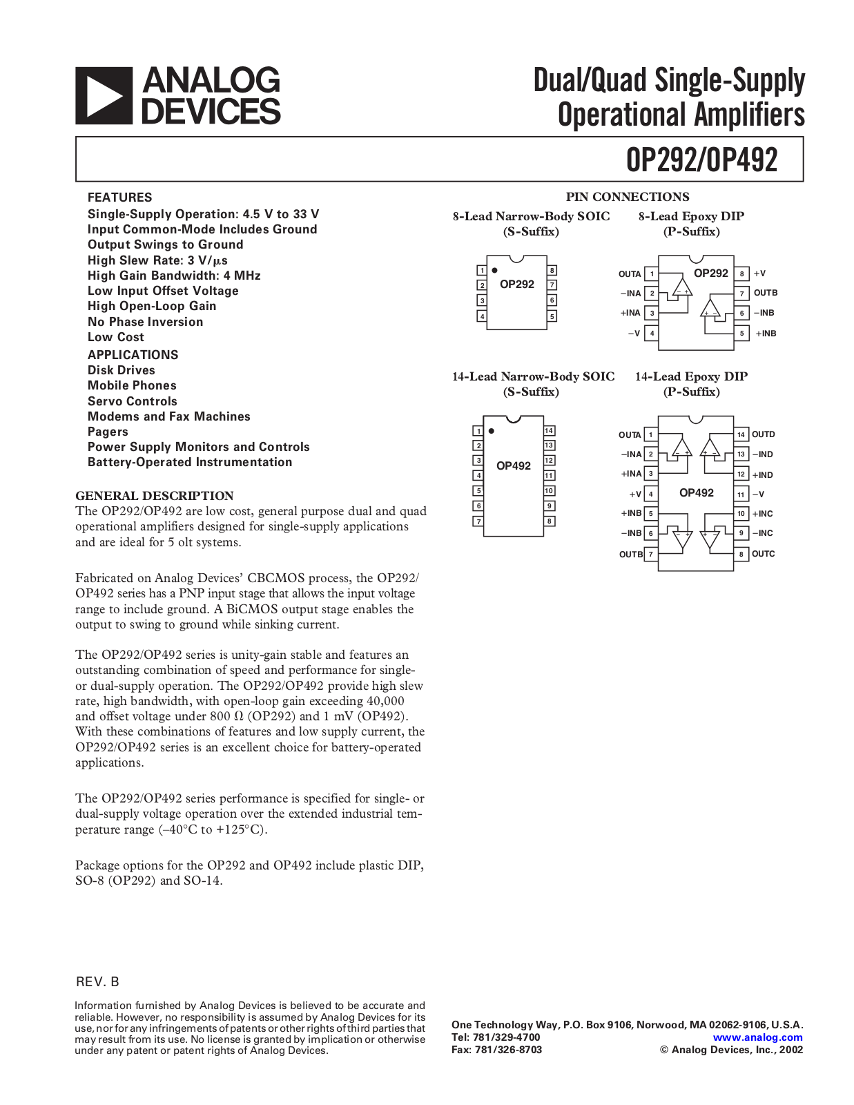 Analog Devices OP292 492 b Datasheet