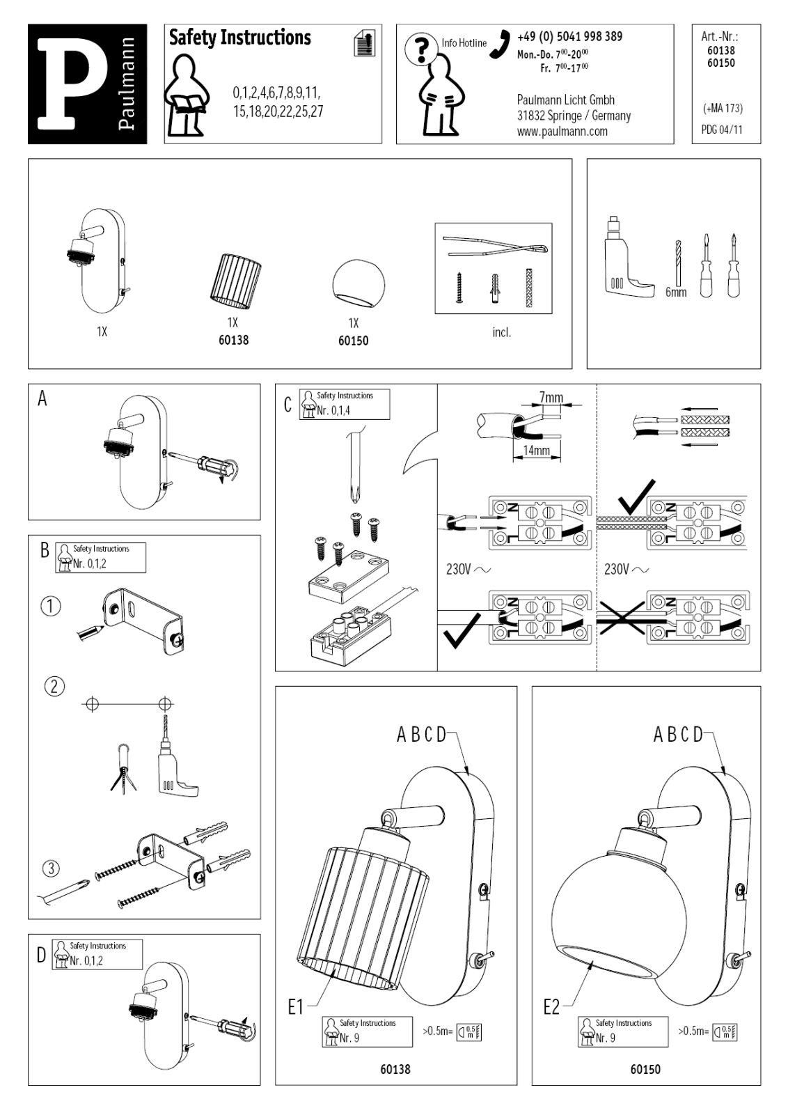 Paulmann 60138, 60150 Safety instructions - ManualMachine.com
