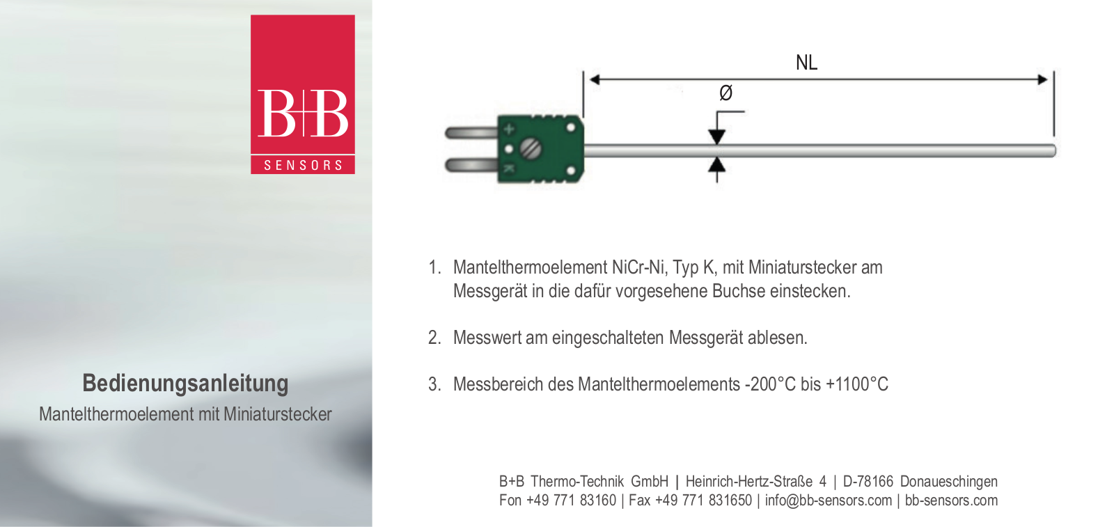 B + B Thermo-Technik Mineral Insulated Thermocouple with miniature plug Operation Manual