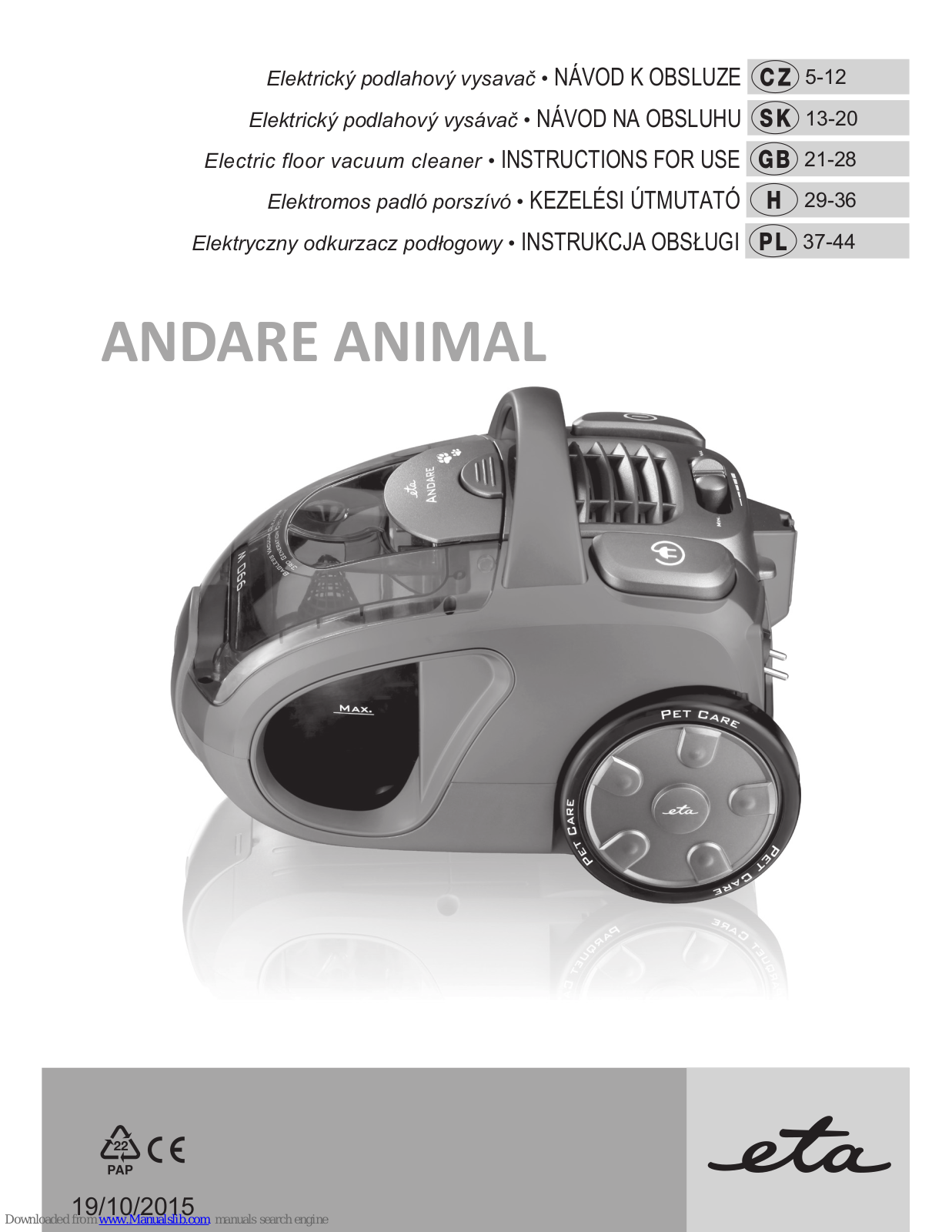 eta 1493/10 ANDARE ANIMAL, SABINE 1478/10 Instructions For Use Manual