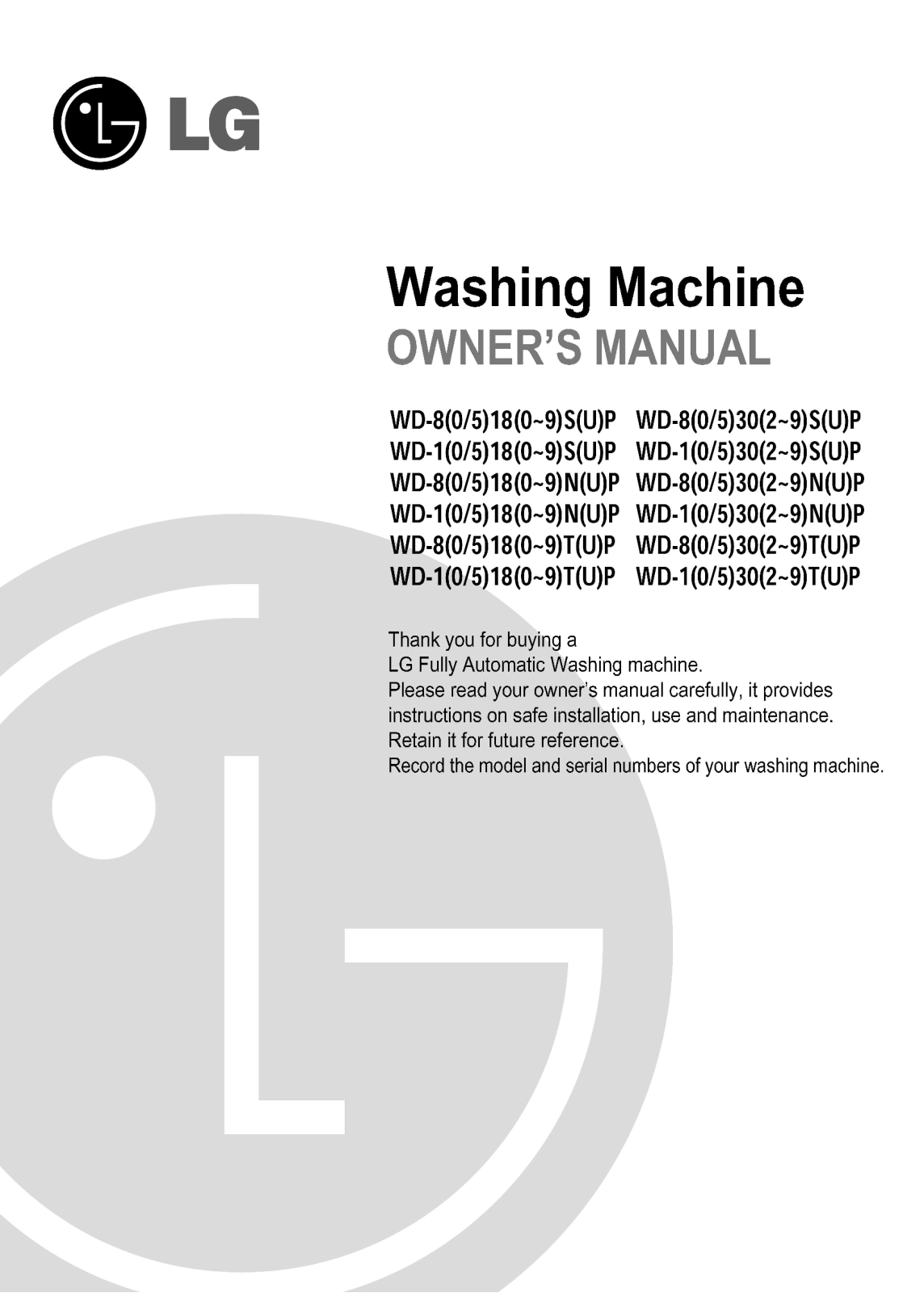 LG WD-15180TP, WD-80180NP User Manual