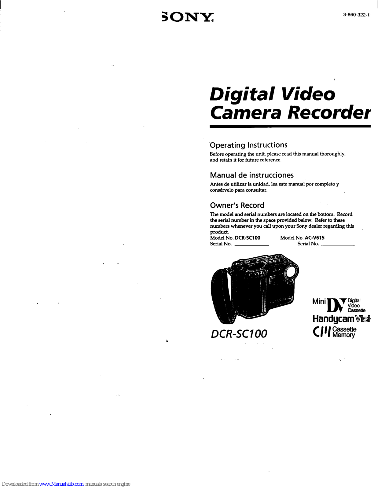 Sony Handycam DCR-SC100 Operating Instructions Manual