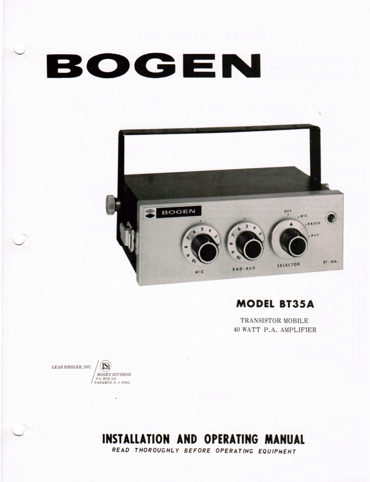 Bogen BT35A Service Manual