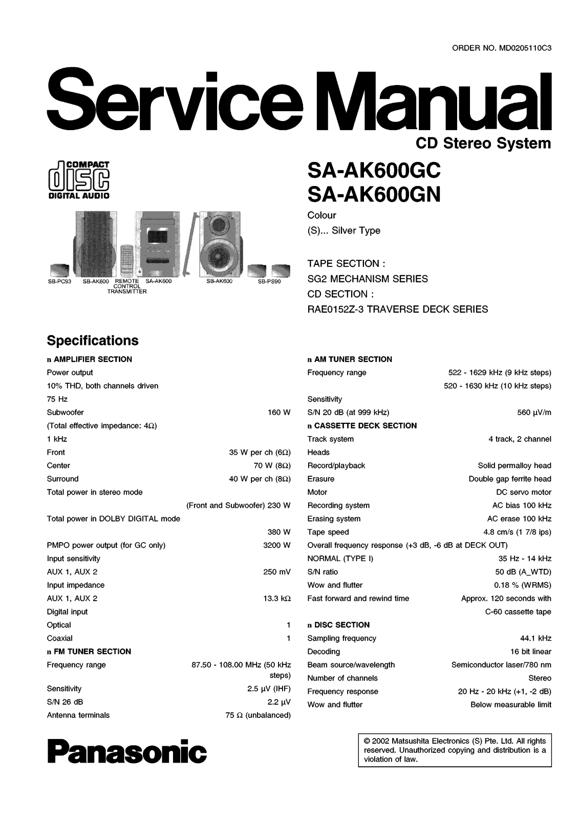 Panasonic SAAK-600-GC Service manual