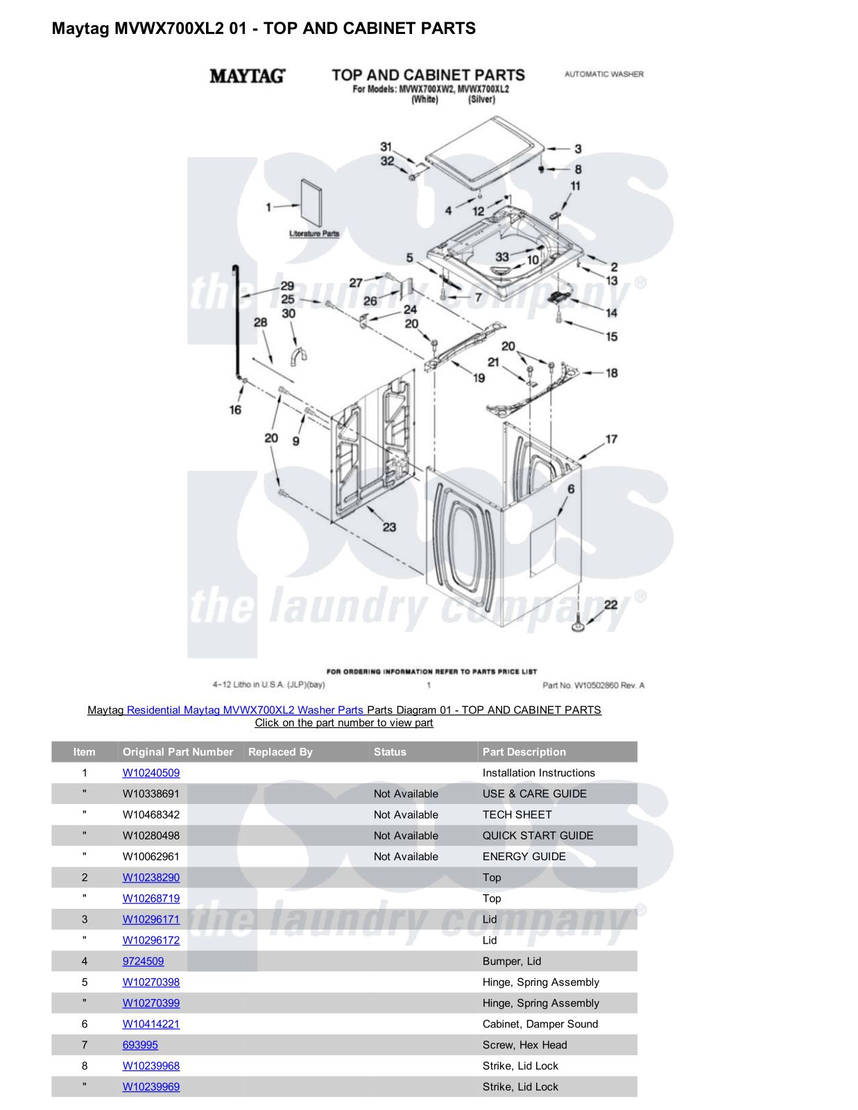 Maytag MVWX700XL2 Parts Diagram