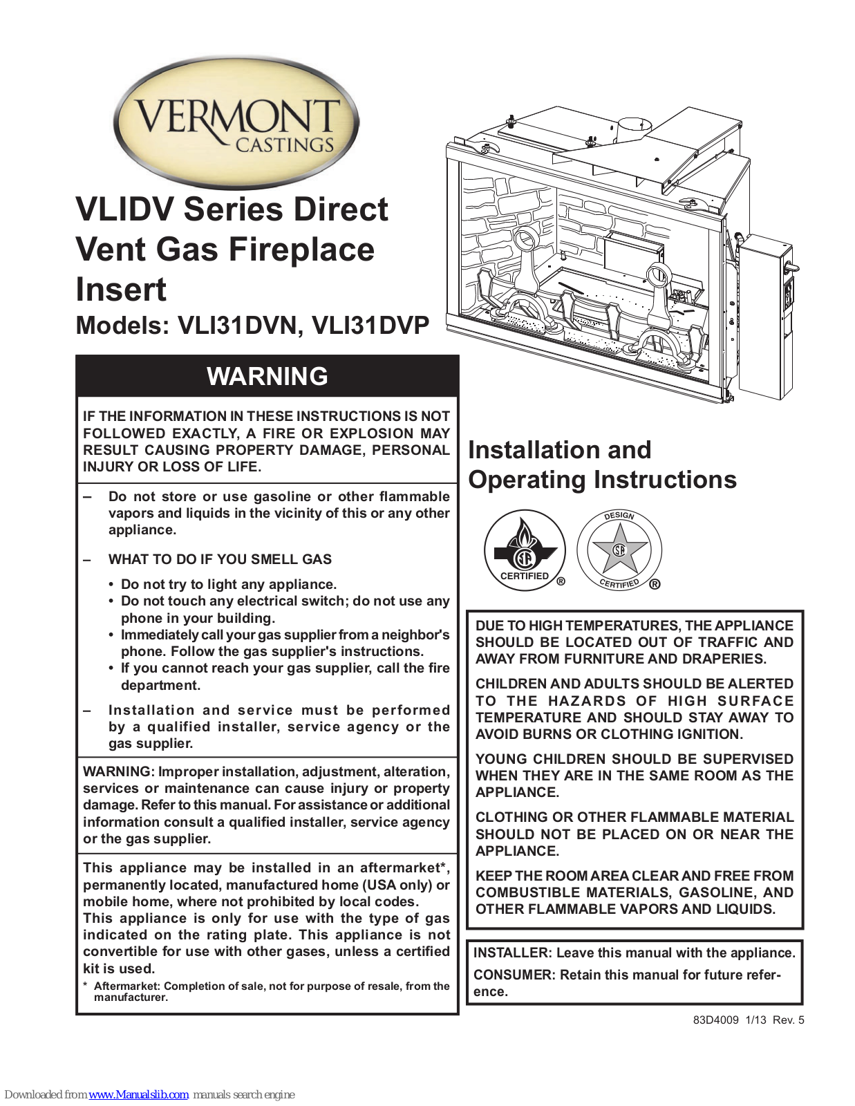 Vermont Castings VLI31DVNTSC, VLI31DVPTSC Installation And Operating Instructions Manual