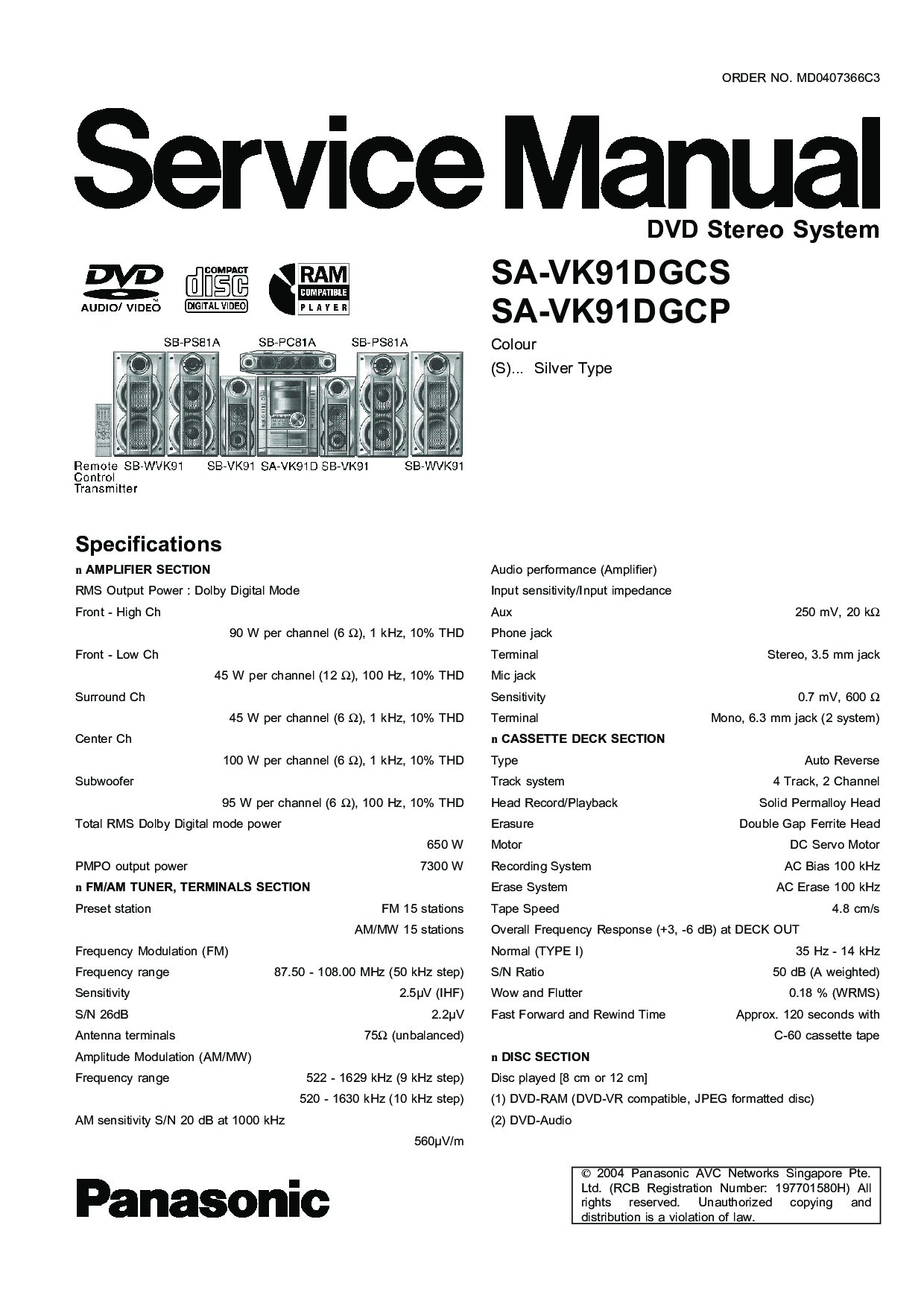 Panasonic SA-VK91DGCS Service Manual