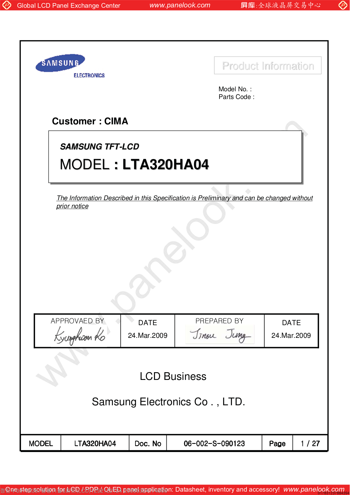 SAMSUNG LTA320HA04 Specification