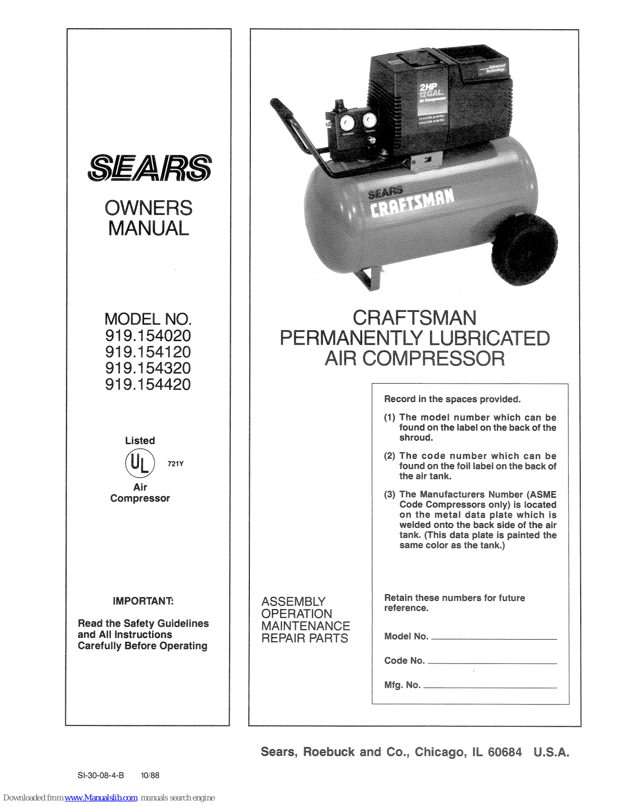 Sears Craftsman 919.154020,Craftsman 919.154120,Craftsman 919.154320,Craftsman 919.154420 Owner's Manual