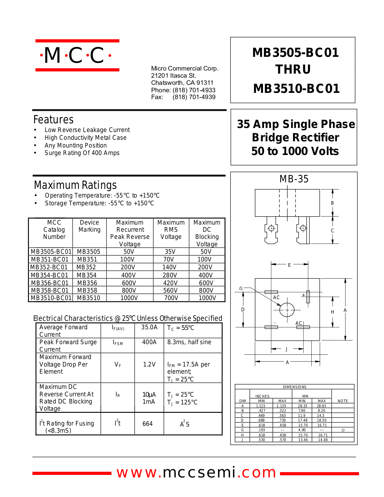 MCC MB356-BC01, MB354-BC01, MB358-BC01, MB351-BC01, MB3510-BC01 Datasheet